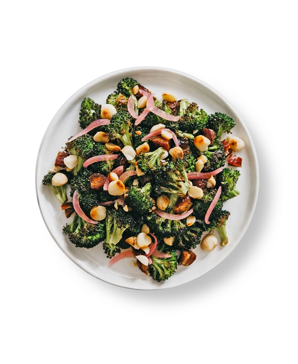 Charred broccoli with dates, macadamia nuts, and macadamia oil vinaigrette