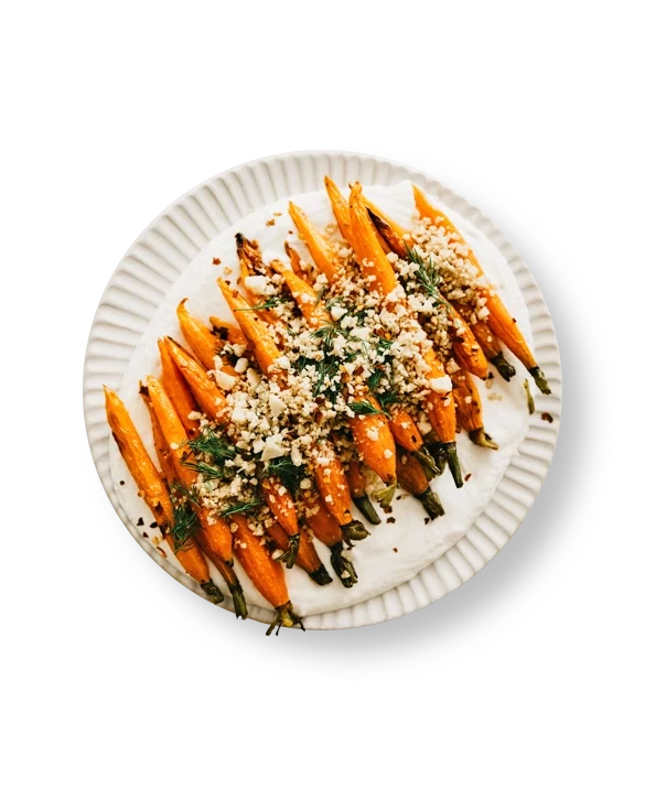 Roasted carrots with macadamia labneh, toasted macadamia nuts, and herbs